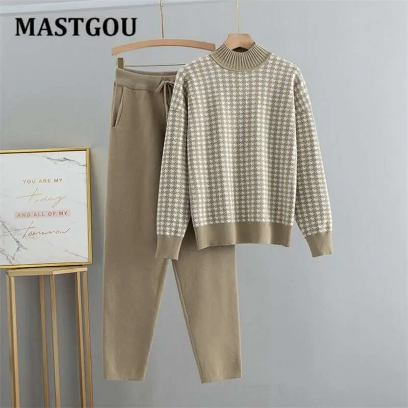 Mastgou Oversized Women's Tracksuits Vinter Tjock Varm Turtleneck Sweater Total Byxor passar två bitar Stickade Jumper Sets 210925