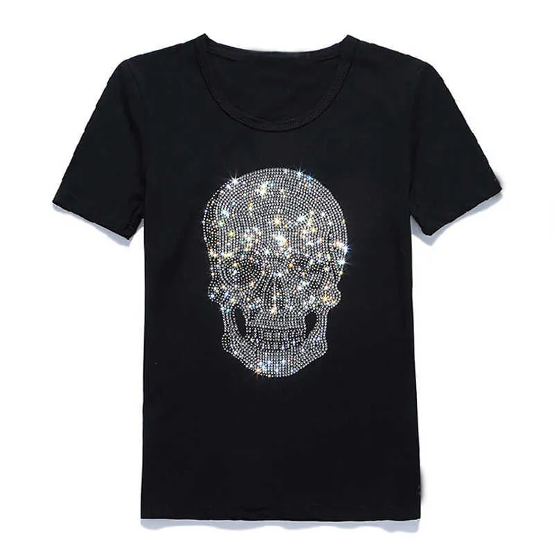 New Women Shinning Skull Hot Drilling T-Shirt Black Cotton Short Sleeve High Quality Rhinestone Print Skull T Shirt Top Tees X0628