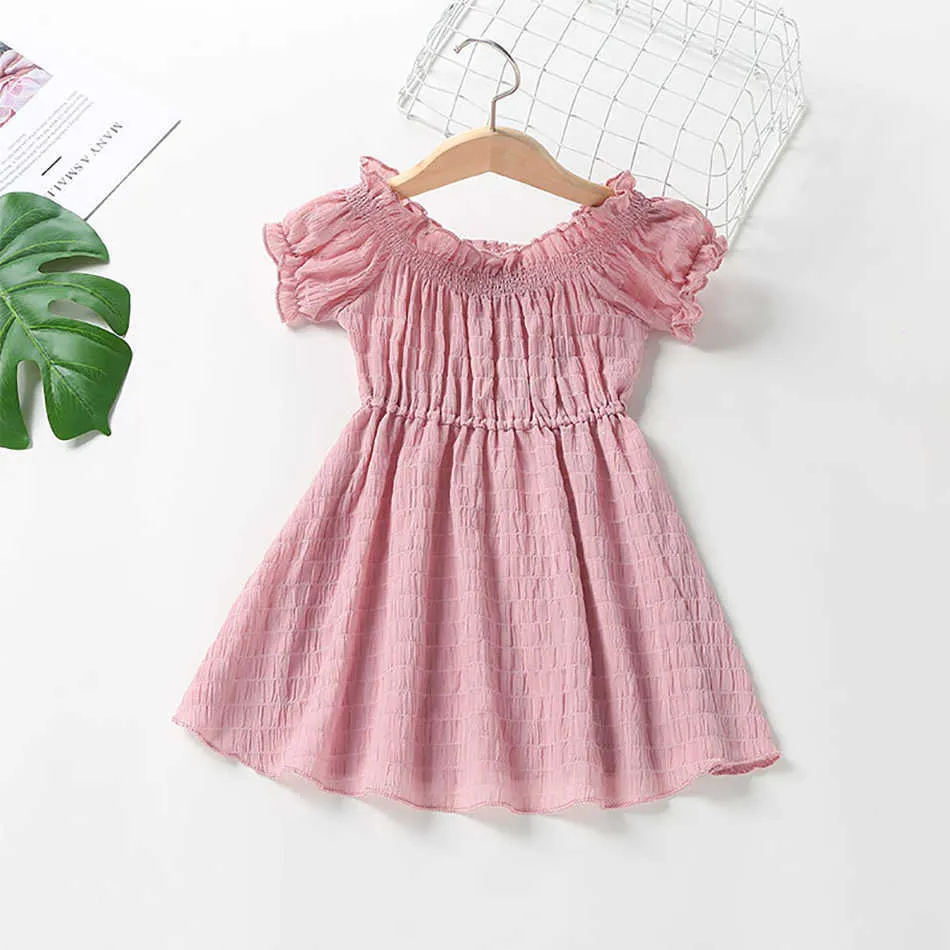 Küçük Kızlar Yaz Şifon Elbiseler 2021 Yeni Bebek Kız Giyim Kısa Kollu Katı Elbiseler Çocuk Moda Giyim 1-6Y Q0716