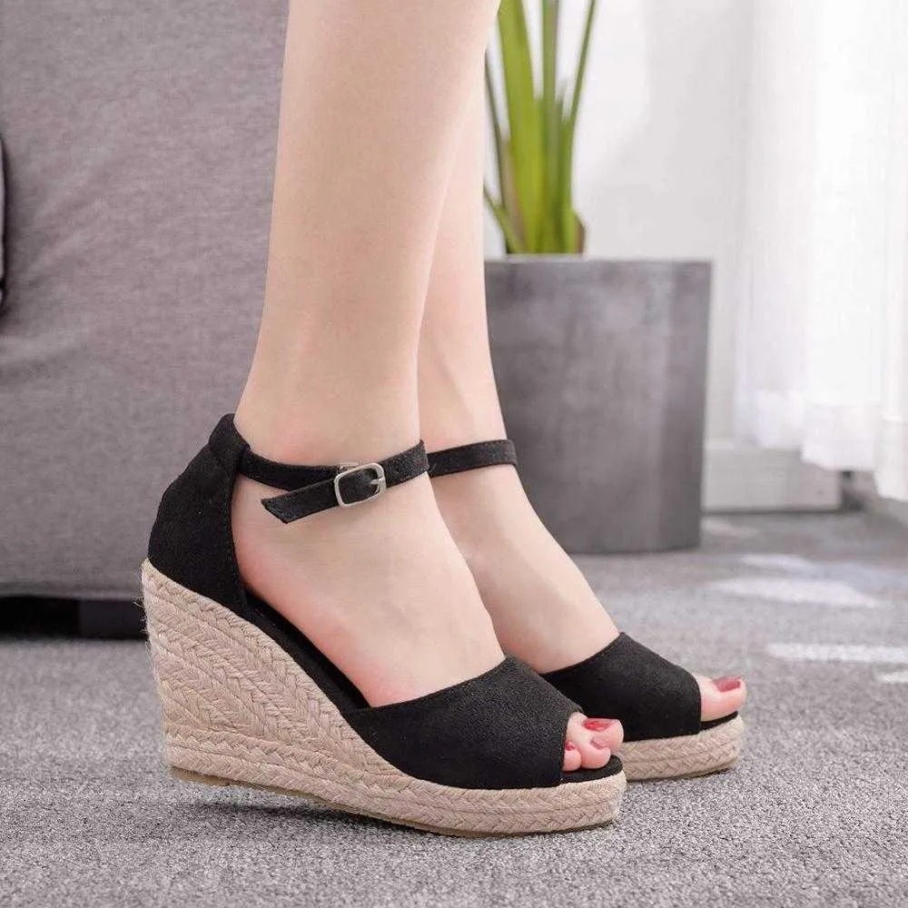 9 Cm Wedges Straw High-Heel Sandals Bohemian Style Fish Mouth Sandals Small Size Womens Shoe Concise Comfort High Heels 32,33,44 Y0608