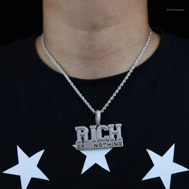 Łańcuchy przyjeżdżają mrożone Bling litery bogate albo nic naszyjnik kolor srebrny luksusowy sześcienny cyrkon betonowa raper Hip Hop biżuteria