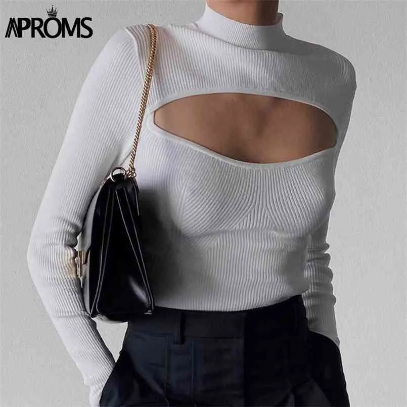 Aproms Elegant Solid Color Cut-Out Soft Knitted Sweater Women Winter High Neck Long Sleeve Stretch Basic Top Female Jumpers 210806