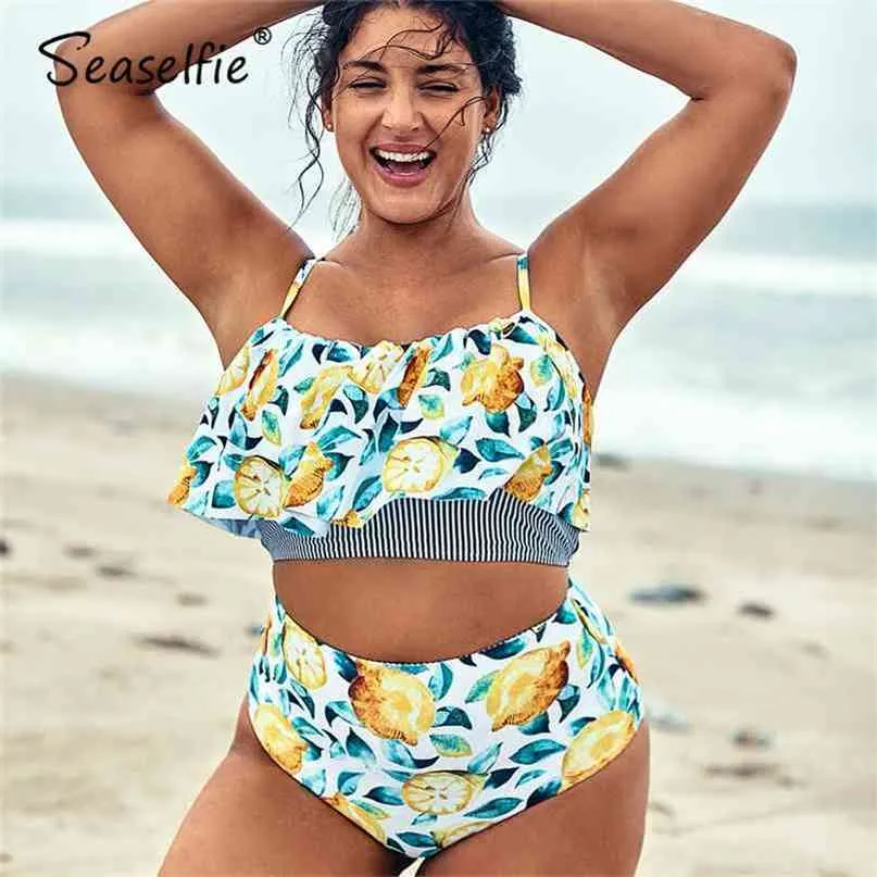 Seaselfie plus storlek tank hög midja bikini sätter kvinnor sexiga stora citron print bikinis två bitar baddräkt simma kostym 210702