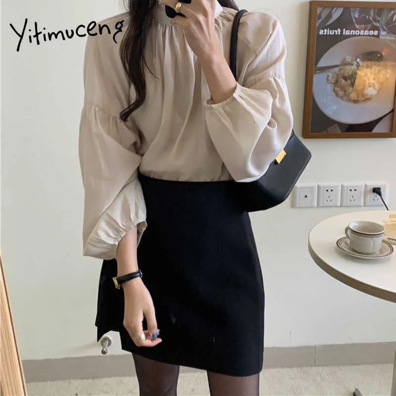 Yitimuceng Folds T-shirts Kvinna Oversize Office Lady Tops Korean Fashion Long Puff Sleeve Blus Solid Aprikos Vår Sommar 210601