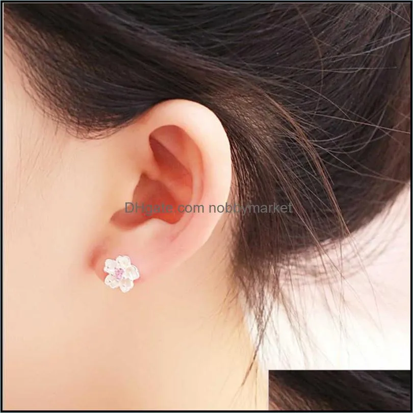 Silver 925 Jewelry Sterling Earrings Cherry Blossom Inlaid Pink Zircon Ear Studs Simple and Popular for Women