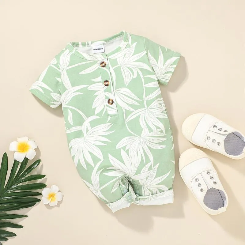 Rompers Född Baby Romper Spädbarn Flickor Boys Bodysuit Floral Leaves Button Jumpsuit Outfits Kläder Ropa Bebes # 30