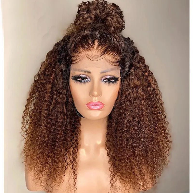 Peruvian Virgin Human Hair 1B 30 Ombre Color Kinky Curly 4X4 Lace Wigs Part 10-32inch 150% Density 180% 210% 250L