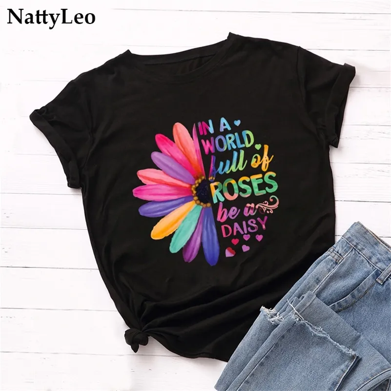 Femmes TShirt Plus La Taille S-5XL Nouvelles Marguerites Imprimer Femmes T-Shirt 100% Coton Femmes Chemises O Cou À Manches Courtes T-shirts D'été T-shirt 210306