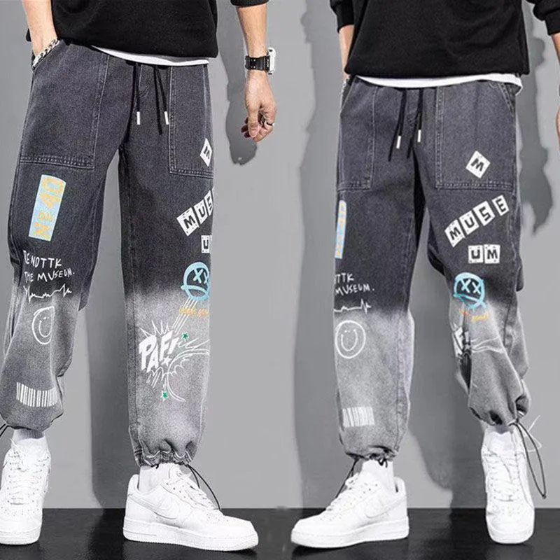 Calças masculinas outono graffiti tornozelo bandido jeans estilo coreano solto casual harem homens japonês moda streetwear calças