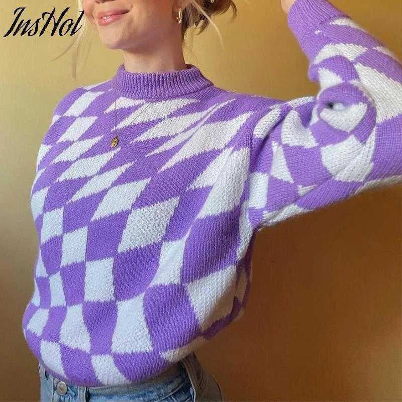 100% Cotton Autumn Winter Women Knitted Diamond Sweaters Female Long Sleeve Casual O Neck Warm Loose Pullover Knitwear 210928