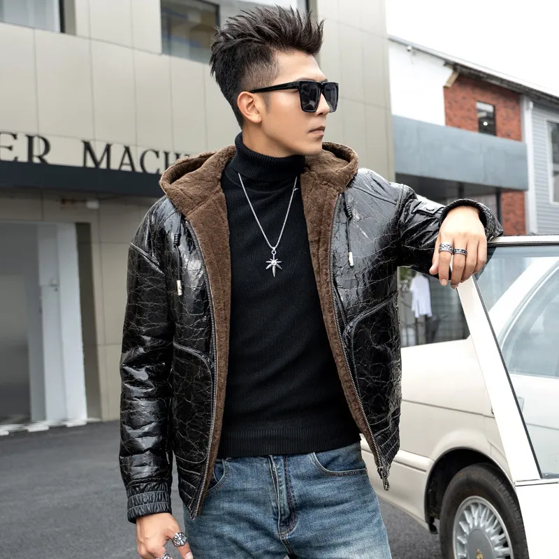 Mens Motorcykeljacka Vinterläder Jackor Hooded Real Woolen Fur Coat Biker Coats Zipper Man Toppar Tjock varm överrock plus storlek brun