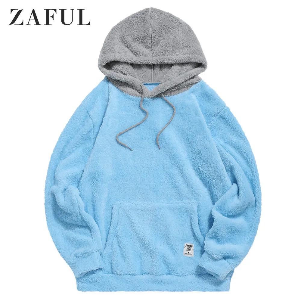ZAFUL Winter Colorblock Faux Fur Sherpa Hoodie Mens For Men And