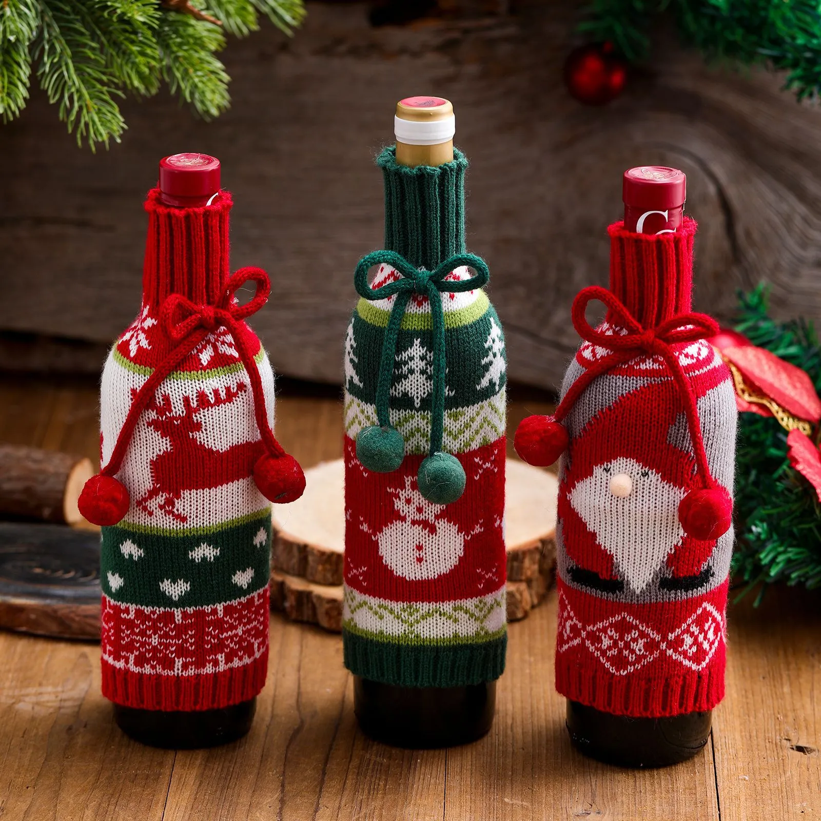 Juldekorationer stickat vinflaska täcker väska santa älg snögubbe mönster champagne väskor bankett parti dekor xmas supplies yfa3048