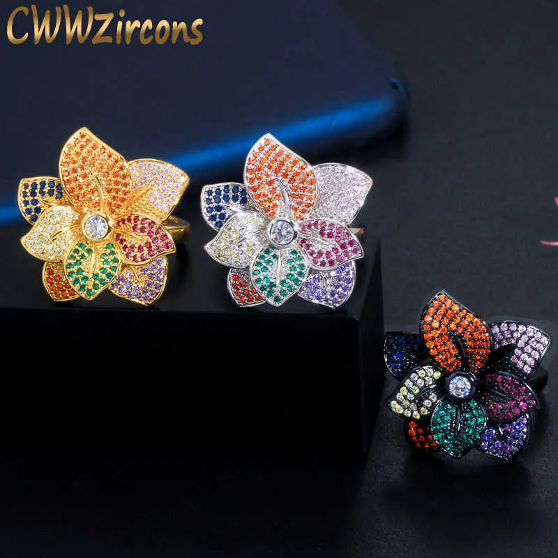3D Büyük Renkli Çiçek Ayarlanabilir Açık Yüzükler Kadınlar Için Siyah Altın Kübik Zirkonya Nişan Düğün Takı R142 210714