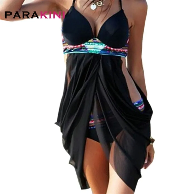 Parakini Plus Size Vintage Tankini Mulheres Imprimir Duas Peças Swimsuit com Saia Verão Swimwear Beach Grande Terno Banheira 210722
