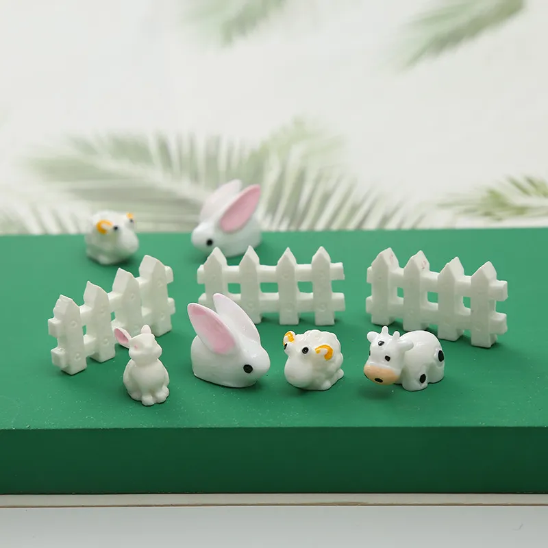 20pcs Components Style Cute Rabbit Easter Decoration Miniature Fence Dairy Cow Hare Animal Figurine Resin Craft Mini Bunny Garden Ornament