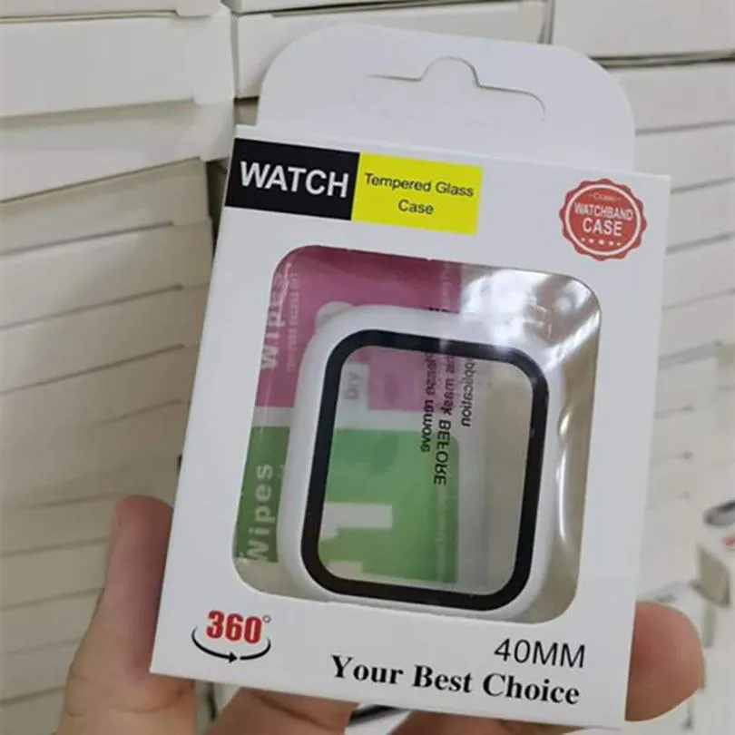 360 Apple IWatch Için Tam Ekran Koruyucu Kılıflar 38mm 42mm 40mm 44mm 44mm 41mm Tampon Çerçeve PC Hard Case Ile Temperli Cam Film Ile İzle 7 6 5 4 3 2 SE Kapak ve Perakende Kutusu