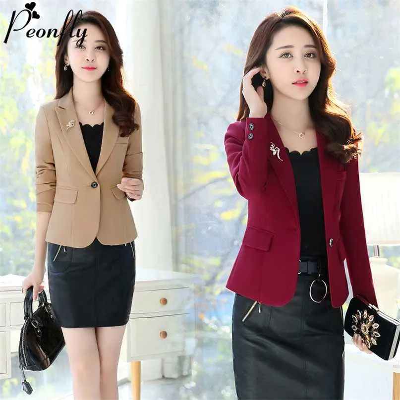 PEONFLY Moda Donna Blazer Casual Office Lady Tasche da lavoro Giacche Cappotto Slim stile coreano Solid Femme Jacket 211019