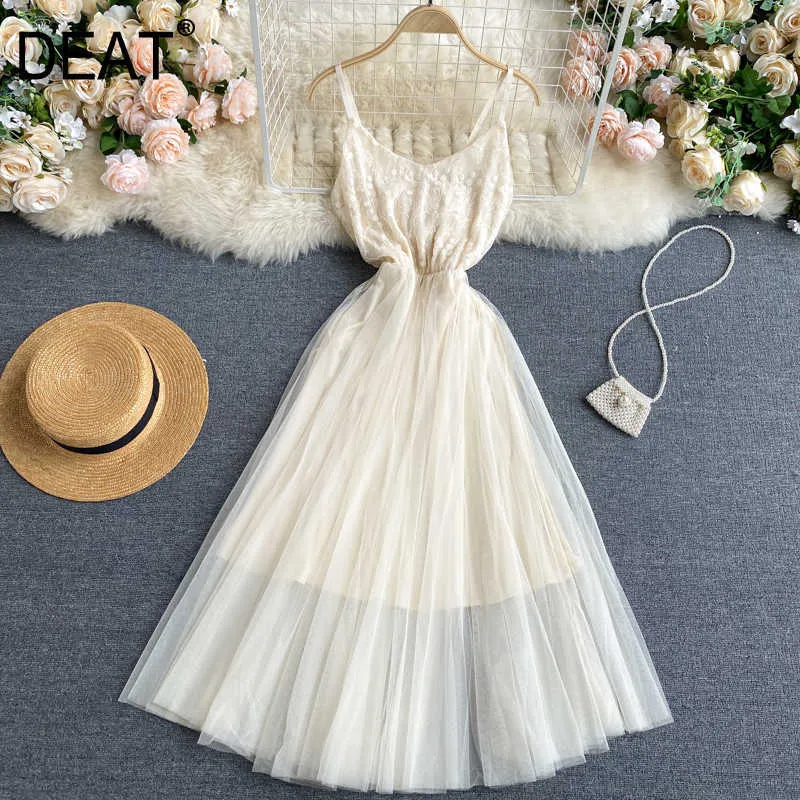 DEAT Spring Arrivals Solid Color Sleeveless High Waist Open Back Mesh Stitching Slim Long Dress MZ639 210709