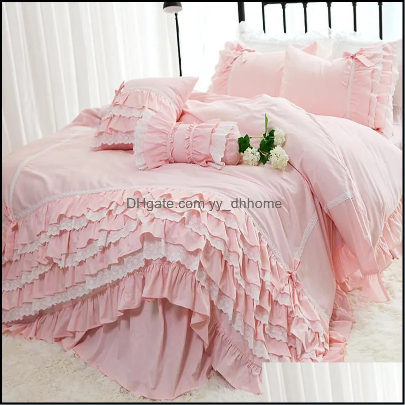 Bedding Sets Romantic Embroidery Set Rose Print Ruffle Lace Bed Princess King Cotton Duvet Cover Queen