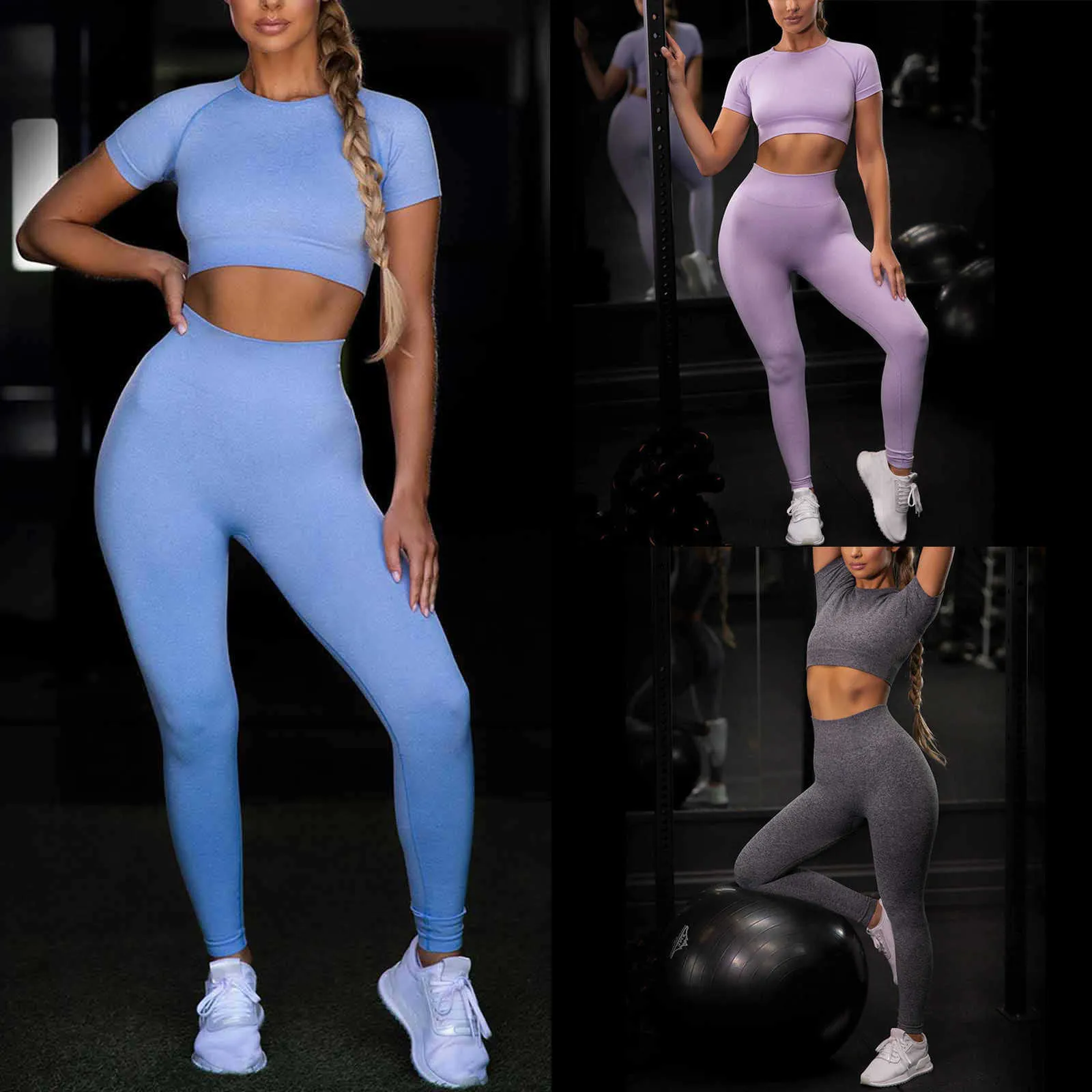 Women Solid ColorSeamlYoga Set Workout Shirts Sport Pants Bra Gym Clothing Short Crop Top High Waist Running Leggings Sports X0629