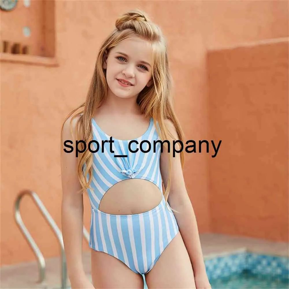 4~13年の子供水着ワンピースガール水着子供入浴スーツビーチホローモノキニブルーストライプ水着