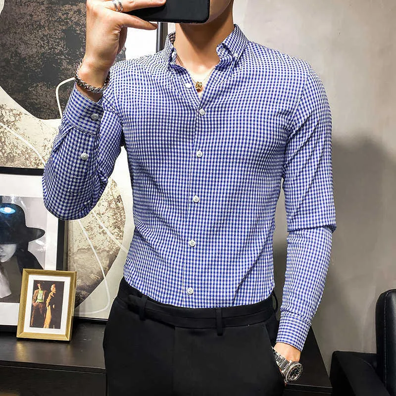 Märke Mens Plaid Shirs Långärmad Casual Business Formal Dress Shirts Spring Slim Fit Streetwear Social Party Male Kläder 210527