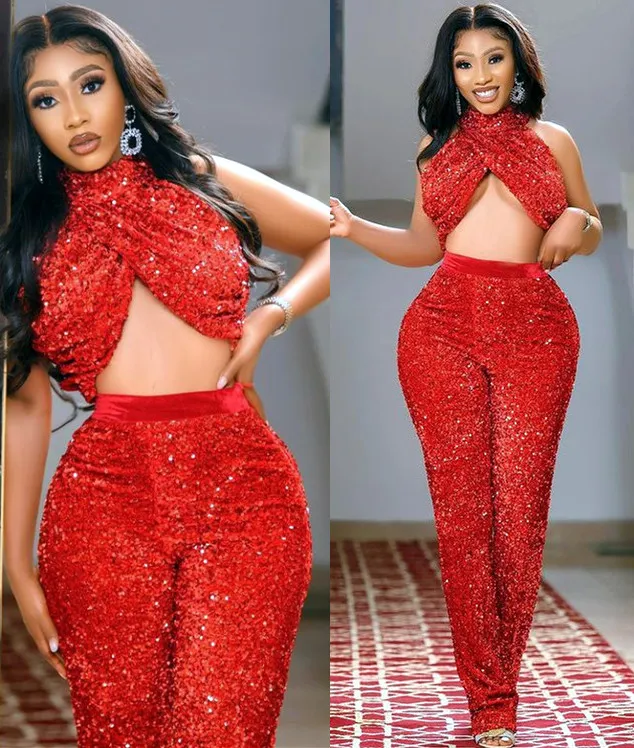 2021 Plus Size Arabisch Aso Ebi Rote Pailletten Jumpsuits Ballkleider Stehkragen Rückenfrei Abend Formale Party Zweiter Empfang Brautjungfernkleid Kleid ZJ2032