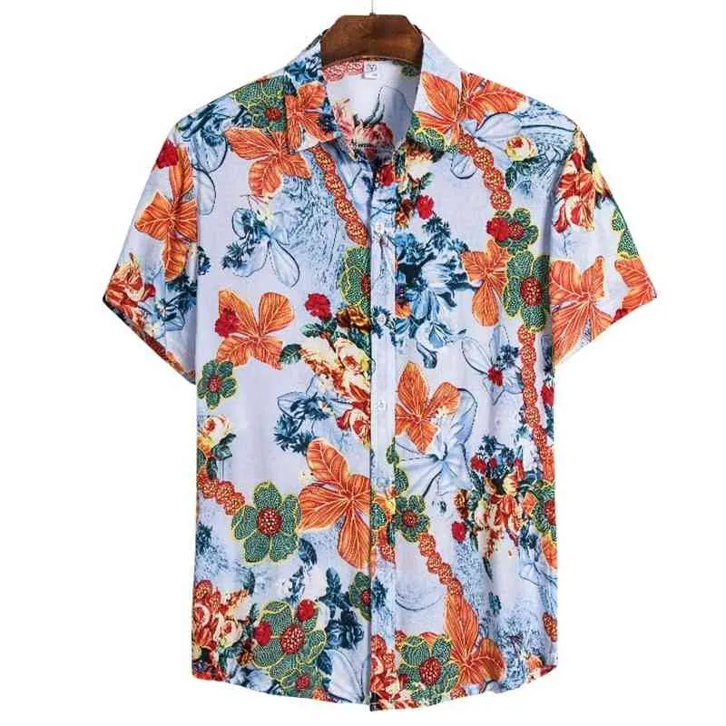 Summer Mens Beach Koszule Fashion Kwiaty Drukowane cienkie oddychające luźne koszulka z krótkim rękawem 210527