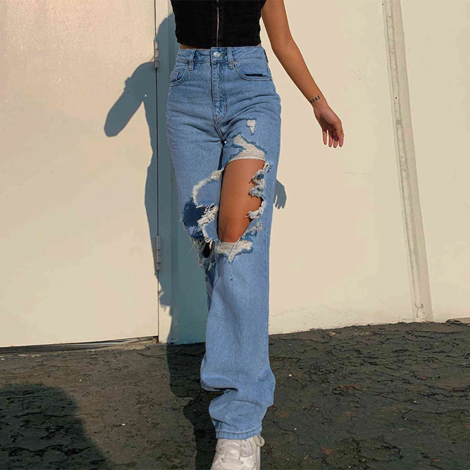夏の女性のハイウエスト弾性リッピングホールデニムジーンズズボンワイドレッグリッピングファッションシックパンツ211115