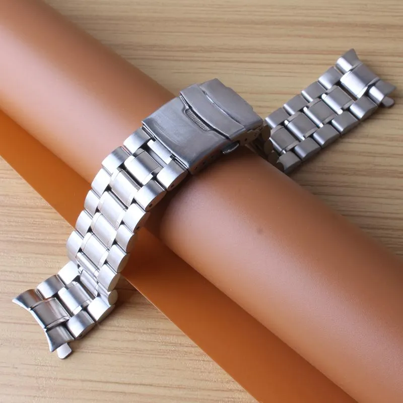 Watch Bands Curved End Watchbands 18MM 20MM 22MM 24MM Silver Stainless Steel Solid Links Straps Bracelets Safety Buckle Folding Clasp