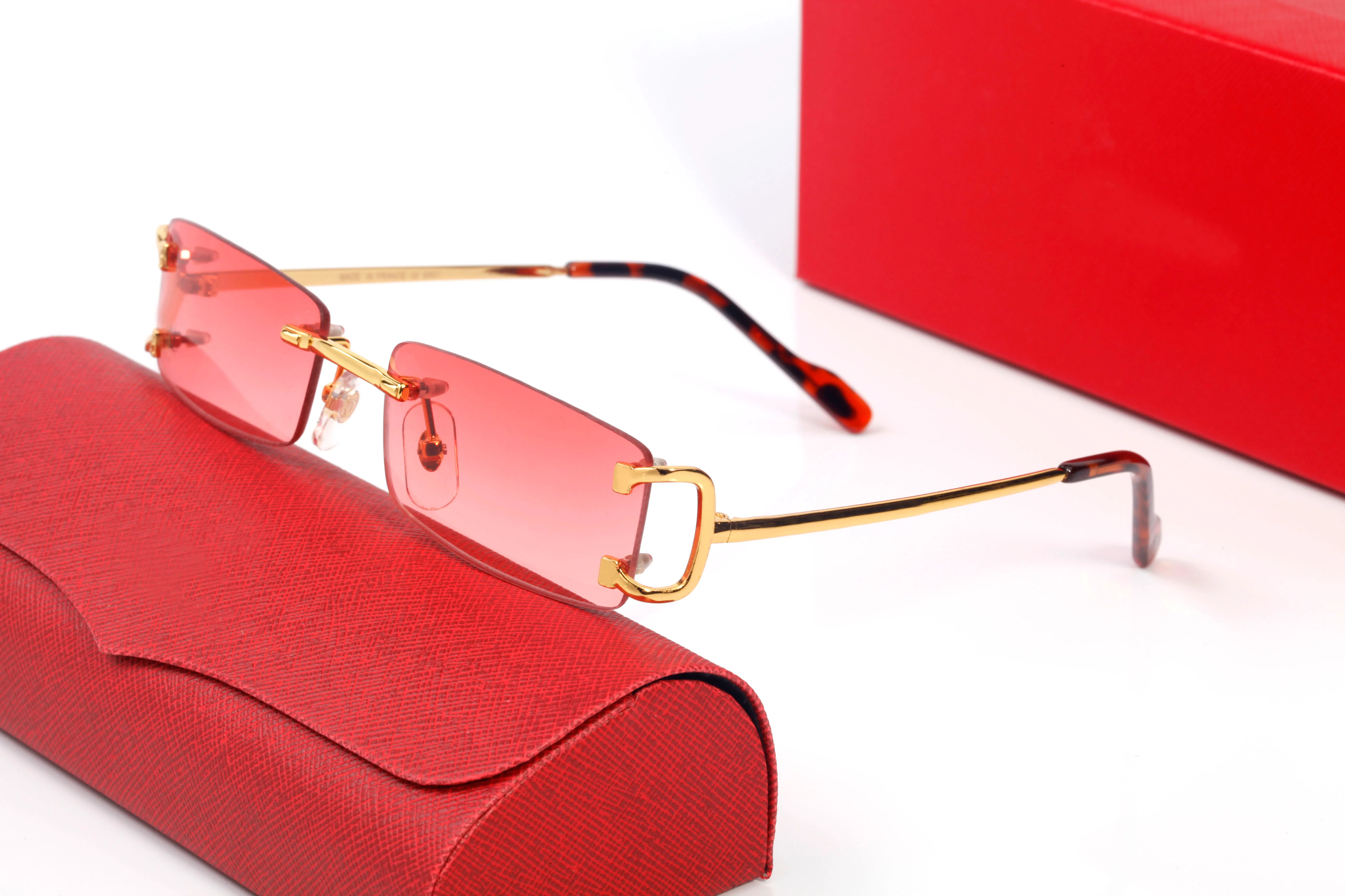 Czerwone męskie luksusowe designerskie okulary przeciwsłoneczne damskie prostokątne Carti Oversize okulary przeciwsłoneczne damskie bezramowe duże oprawki odcienie złota pantera Lady Uv400