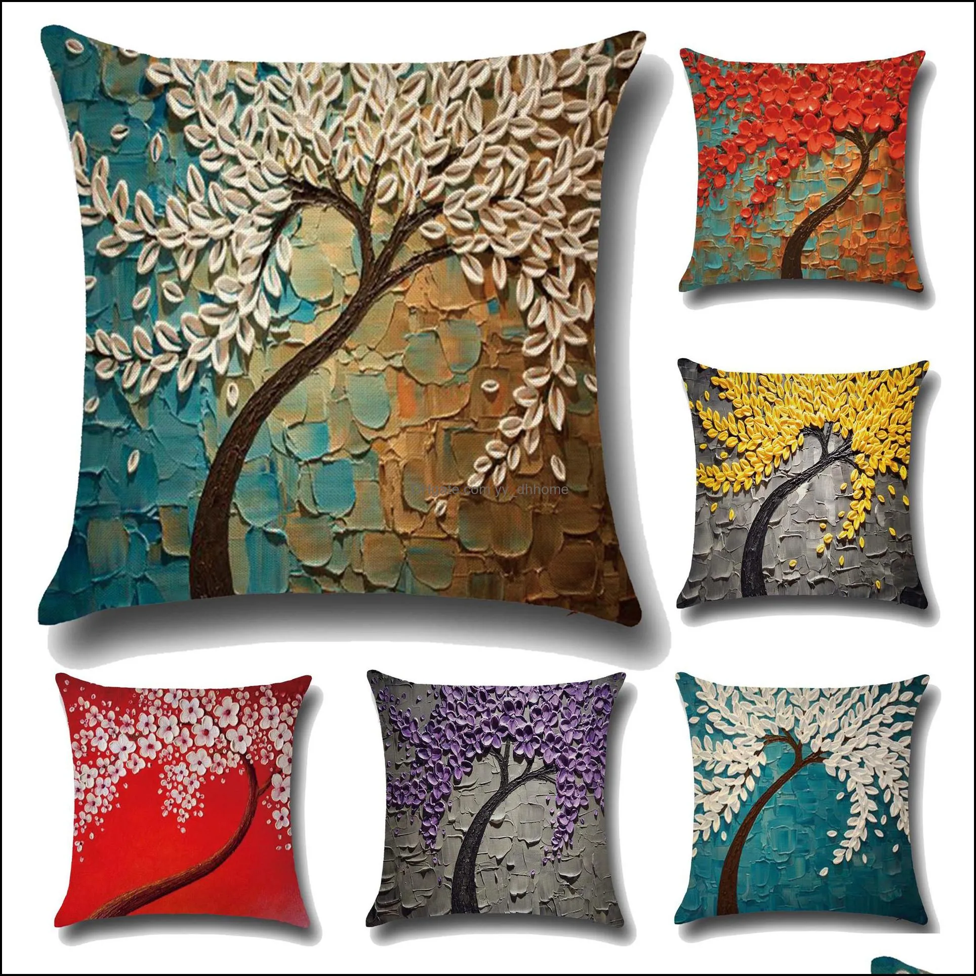 Cushion/Decorative Pillow Home Textiles & Garden Cushion Er Vintage Flower Case Mural Yellow Red Tree Wintersweet Cherry Blossom Decorative