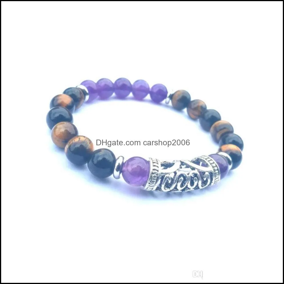 2019 new bracelet men and women 8MM amethyst tiger eye stone with long silver ring wrist jewelry