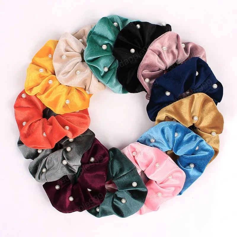 Scrunchies in velluto con perle Donna Ragazze Elastici per capelli Elastici per capelli Cravatta per capelli Corda per coda di cavallo Accessori per capelli