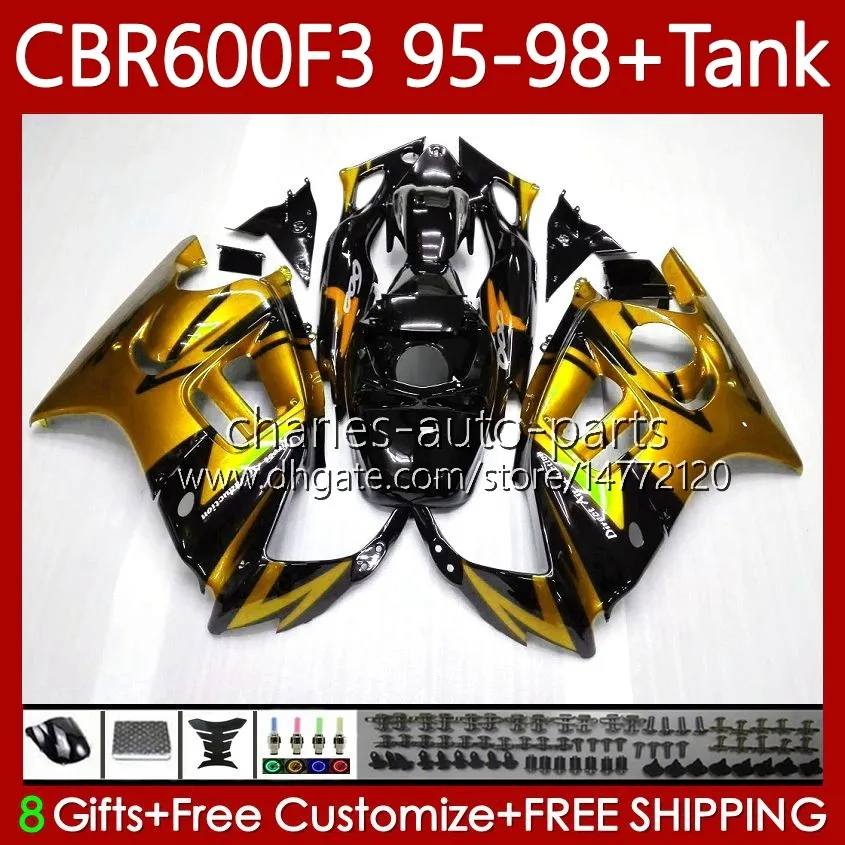 Body+Tank For HONDA CBR 600F3 600 F3 CC 600FS 97 98 95 96 Bodywork 64No.140 CBR600 FS CBR600F3 CBR600FS 1997 1998 1995 1996 CBR600-F3 600CC 95-98 Fairings Kit gloden black