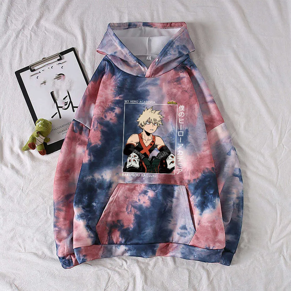 Classic Anime My Hero Academia Sweatshirt Bakugou Katsuki Grafisk Print Hoodie Mode Tie-Dye Kostym Harajuku Pullover Male Y0803