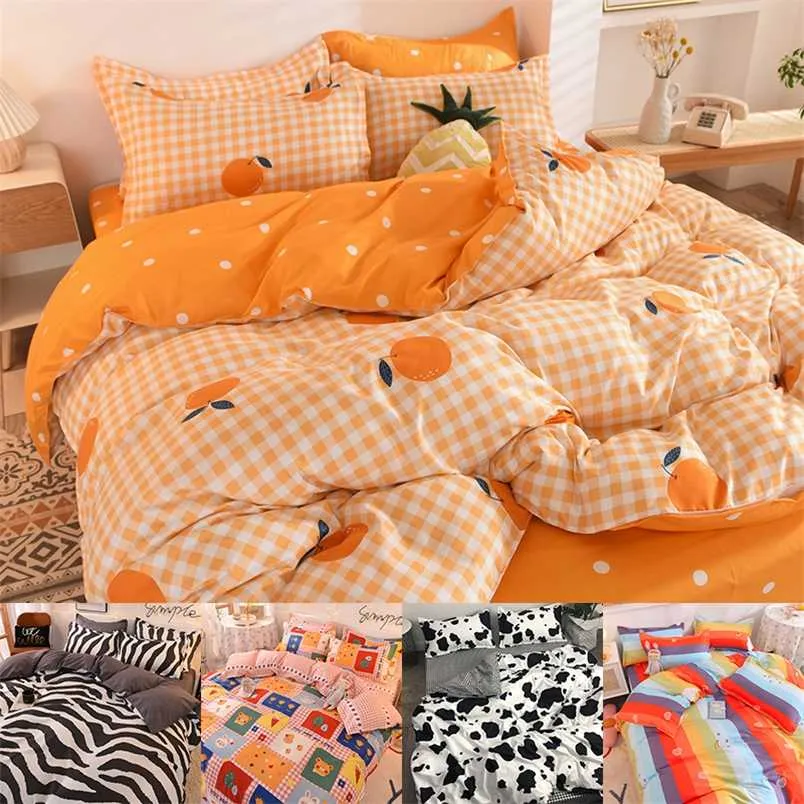 Orange Bedding Set Printed Cute Bed Linen Sheet Plaid Duvet Cover 240x220 Single Double Queen King Quilt Covers Sets Bedclothes 211007
