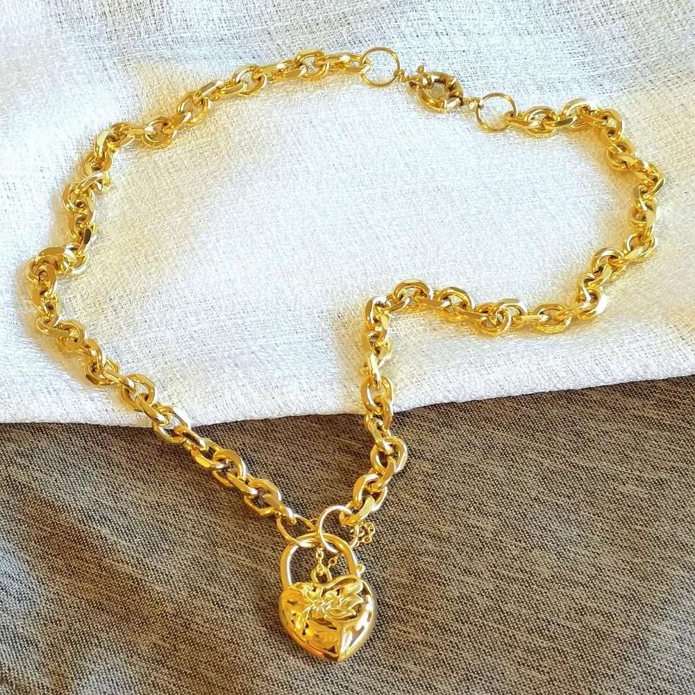 18CT 18K Gold заполнено сердце Belcher Padlock Сплошное кулон ожерелье для женщин