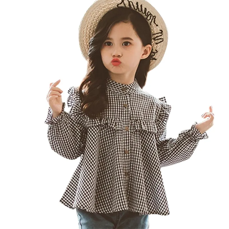 Girls Blouse Blouse Plader Blouse Blouse девушка в школьном рюшах Блузка с длинным рукавом весна осень детская рубашка 210306