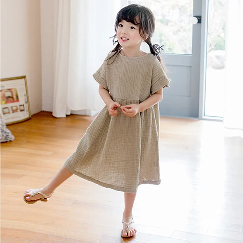 Summer Big Girl Dress Loose Ruffles Cotton Linen Short Sleeve Teens Dresses Casual Kids Outfits Princess Children Clothing 210303