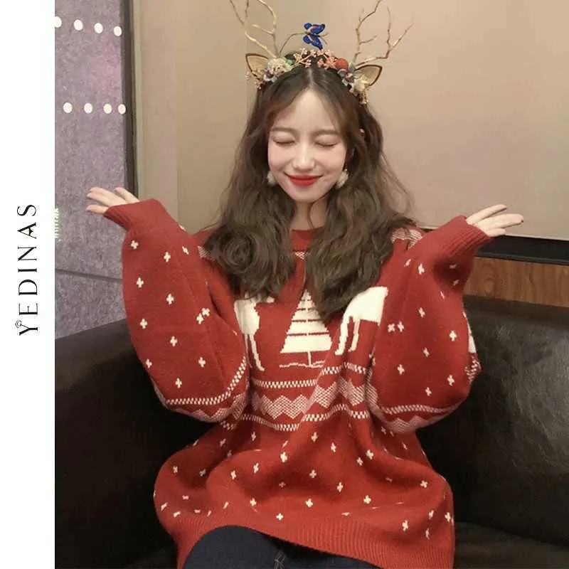 Yedinas Winter Christmas Deer Sweater Women Knitted Jumper Female Elk Print Sweaters Woman Pullover Knit Red Top Oversize 210527