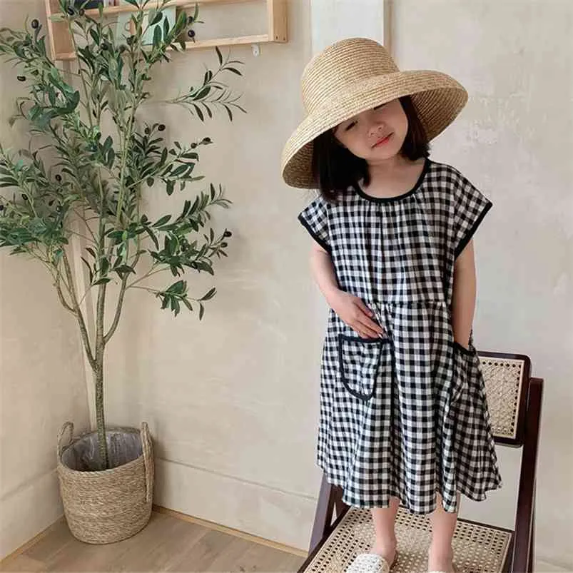 Summer Girls Dress Korean Style Pocket Black And White Plaid Drop Shoulder Sleeve Baby Kids Clothes Children'S Clothing 210625