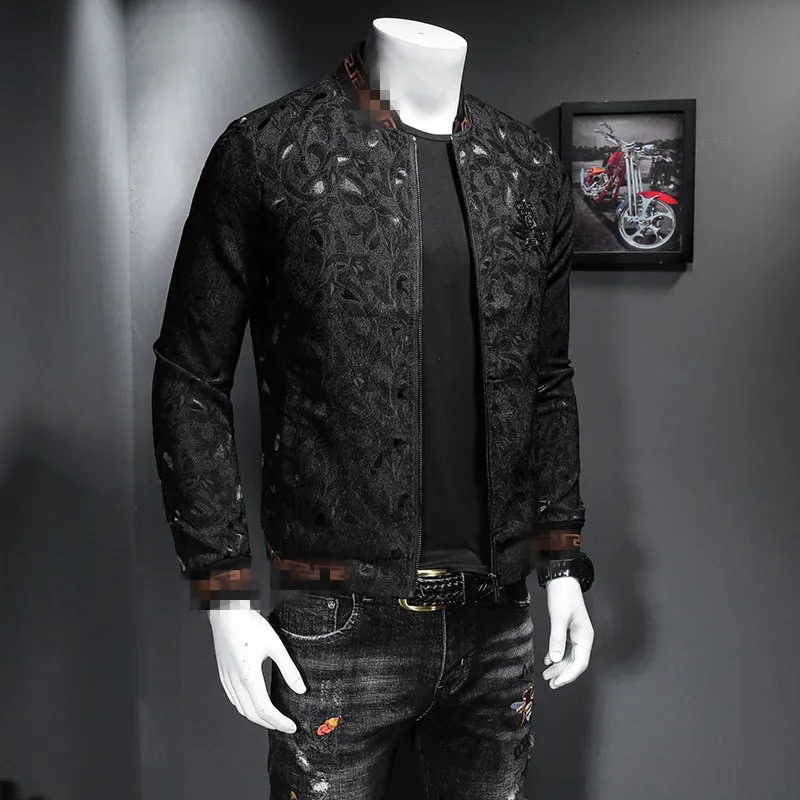 2021 autumn and winter new tide models men's clothing embroidered crown small bee dark flower medal jacket slim zipper jacket