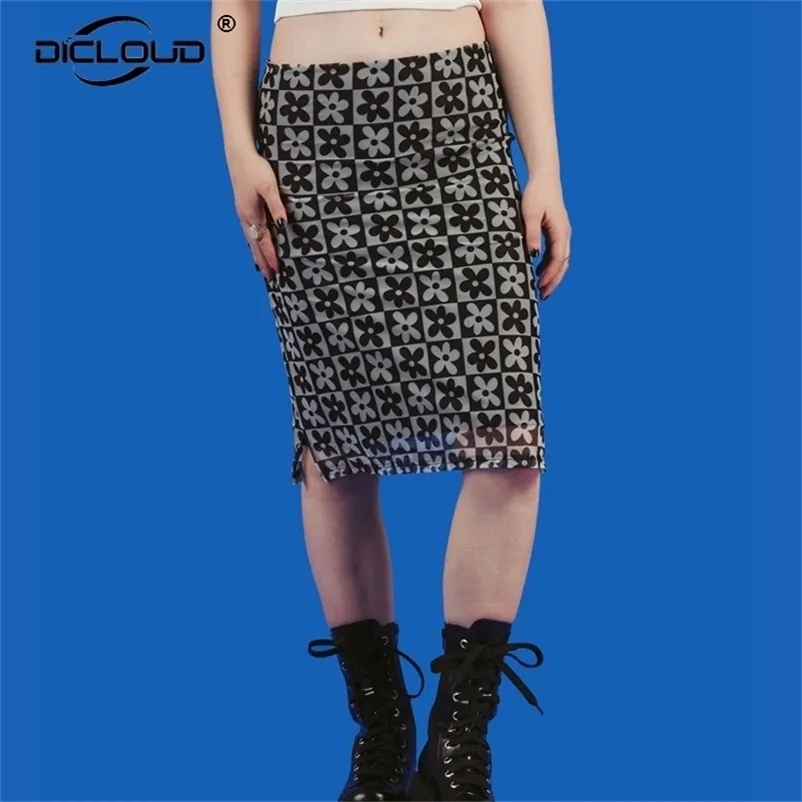 90s Vintage Daisy Mesh Midi Jupe Femmes Taille Haute Sexy Maigre Crayon Jupes Harajuku Mode Filles Floral Jupe Chic Streetwear 210310