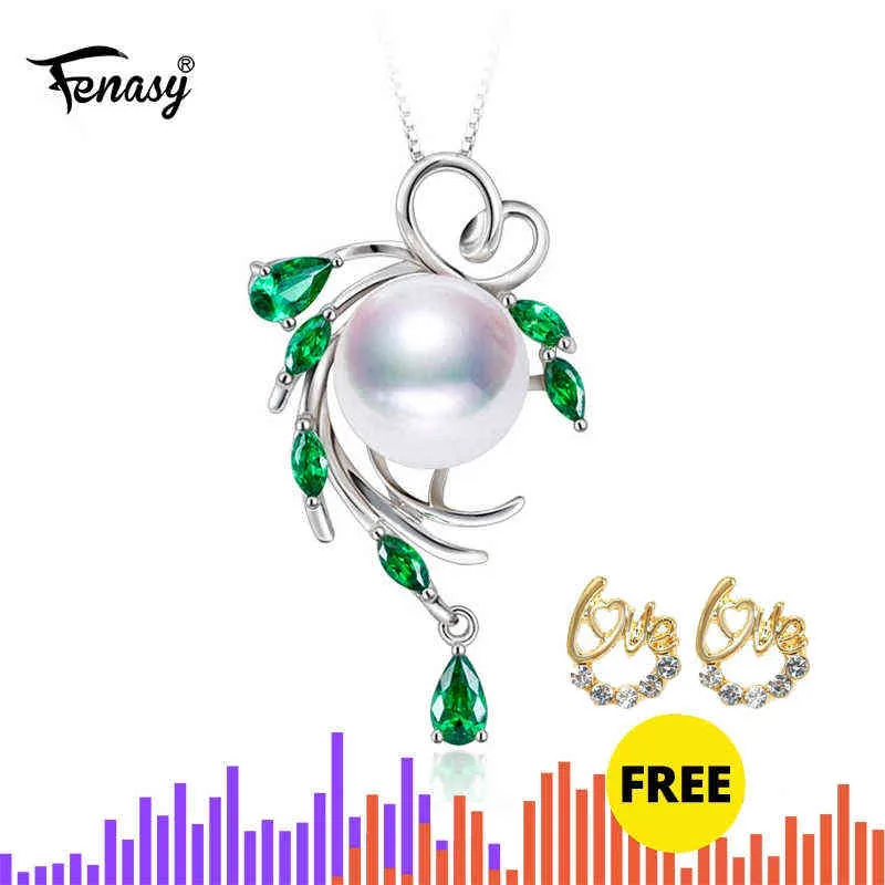 FENASY S925 Sterling Silver Freshwater For Women Pearl Jewelry Statement Boho Leaf Emerald Crystal Necklace
