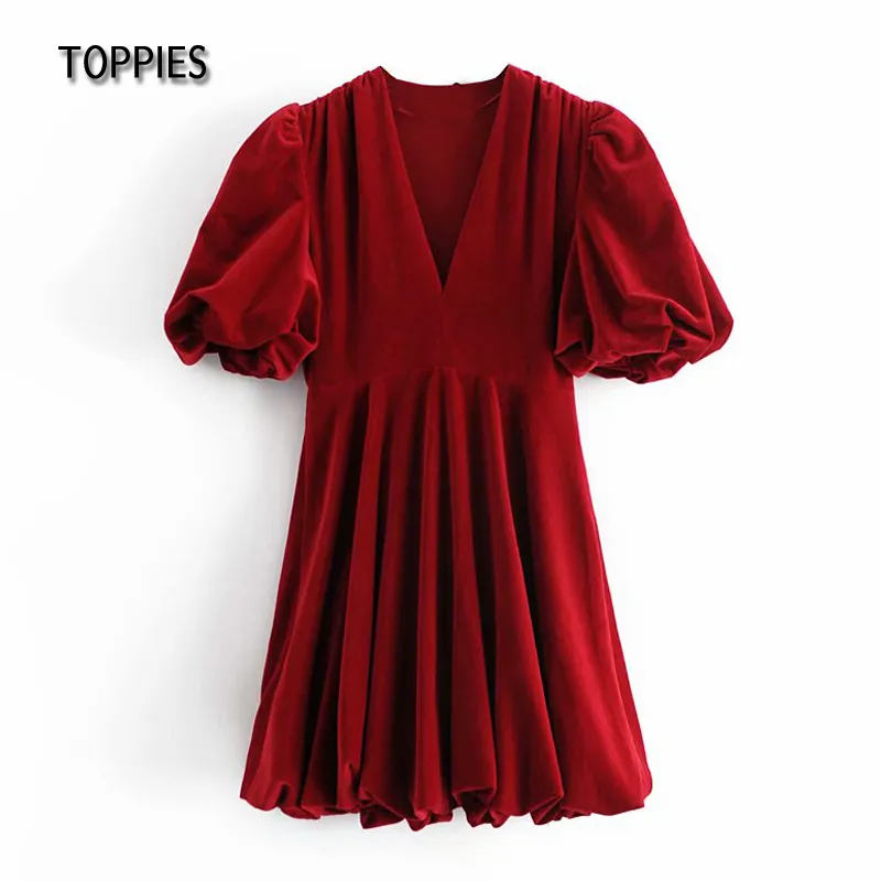 Toppies Fashion Sweet Red Velvet Mini Dress Kvinna Kortärmad Sexig Klänning Deep V-Neck Girls Vestidos Lantern Sleeve Chic Cloth
