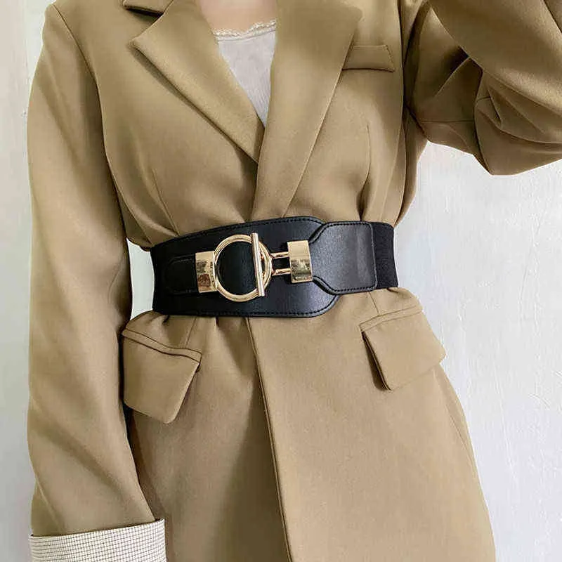 Corset Wide Belt Lady Dress Midjeförsegling för kvinnor Elastiska Cummerbunds Cinturon Mujer Stretch Gold Big Circle Buckle Cintos Beige G220301