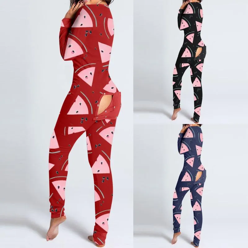 Kvinnors Jumpsuits Rompers Sexiga Kvinnor Vattenmelon Skriv ut Cut Out Funktionell Knappad Flap Vuxen Pyjamas Hole Design Plunge Loungewear Jumpsui