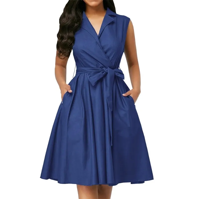Women Dresses Sleeveless Notched Solid Navy Blue With Bow Sashes Summer A-line Beach Office Dress Plus Size 5XL Party Vestidos 210303
